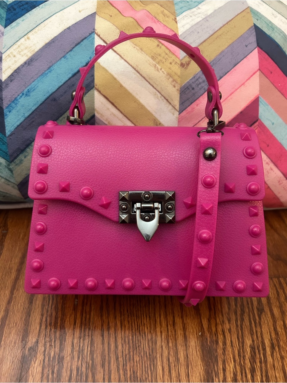 Hot Pink Studded Jelly Satchel Crossbody Bag | Mini Top Handle Purse